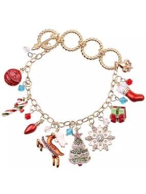Christmas  Themed Enamel and Rhinestone Charm Bracelet
